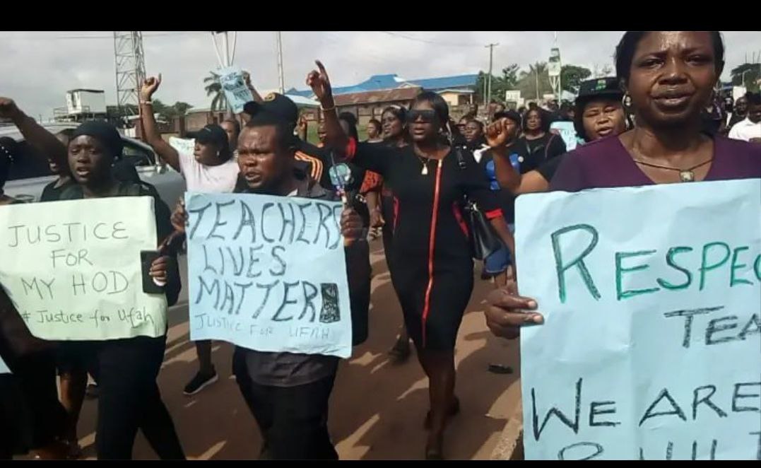 Teachers Stage Protest After Colleague was flogged to death by a Parent for Beating His Son in Delta